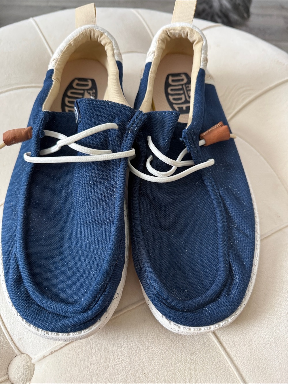 Hey Dude Navy Canvas Slip-Ons with White Laces and Cream Trim
